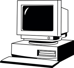 Vector illustration, old computer, black and white color