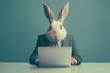 anthropomorphic rabbit in suit presenting new laptop technology surreal animal portrait - obrazy, fototapety, plakaty