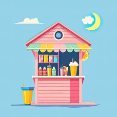 Obraz premium An inviting illustration of a beach refreshment stand offering cold drinks and snacks during a tranquil evening by the sea..