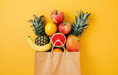 Shopping bag with tropical fruits in it, created with AI 