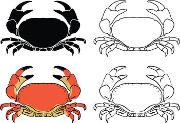 Crab sign, crab logo, cooked crab silhouette and outline.