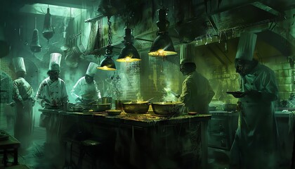 imagine monstrous chef figures with twisted features, wielding utensils as if ready to strike Experiment with unconventional lighting techniques to evoke a sense of dread and suspense in the scene