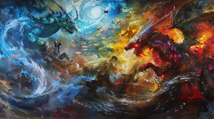 Merge the realms of mythical creatures and extreme sports in a dynamic oil painting Show the vibrant energy and excitement of the scene with vivid colors and intricate details - obrazy, fototapety, plakaty