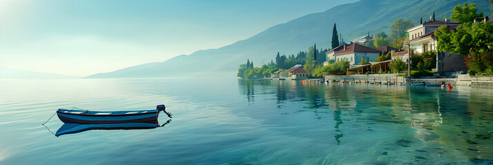 Calm and Serene Boat Ride on the Vibrant Lake Ohrid under Macedonia's Picturesque Mountain Range.  - obrazy, fototapety, plakaty
