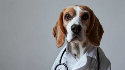 Portrait of beagle dog wearing doctor uniform or doctor gown with stethoscope isolated on clean background. - obrazy, fototapety, plakaty
