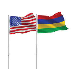 American and Mauritius flags together.USA,Mauritius flags on pole