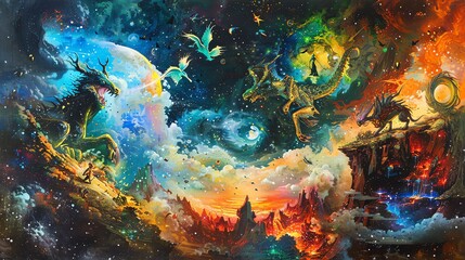 Merge the realms of mythical creatures and extreme sports in a dynamic oil painting Show the vibrant energy and excitement of the scene with vivid colors and intricate details - obrazy, fototapety, plakaty
