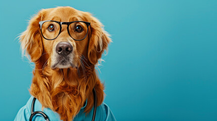 Portrait of golden retriever dog wearing glasses and doctor uniform or doctor gown with stethoscope Isolated on clean background. Copyspace on the left. --ar 16:9 - Powered by Adobe