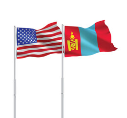 American and Mongolia flags together.USA,Mongolia flags on pole