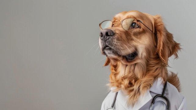 Portrait of golden retriever dog wearing glasses and doctor uniform or doctor gown with stethoscope Isolated on clean background. Copyspace on the left. --ar 16:9