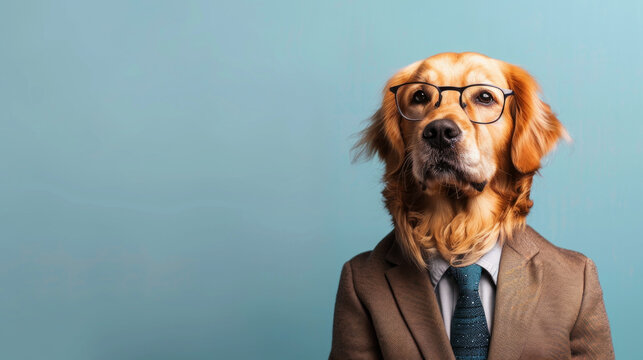 Portrait of golden retriever dog wearing glasses suit and tie as a businessman. Isolated on clean background. Copyspace on the side. --ar 16:9