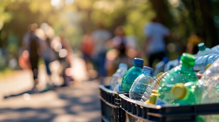 Softly blurred background capturing a group of individuals participating in a recycling drive emphasizing the power of collective action in promoting a greener future. .