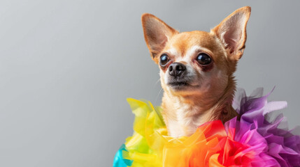 Portrait of Portrait of chihuahua in rainbow costume. LGBTQ concept. Isolated on clean background. Copyspace on the side.