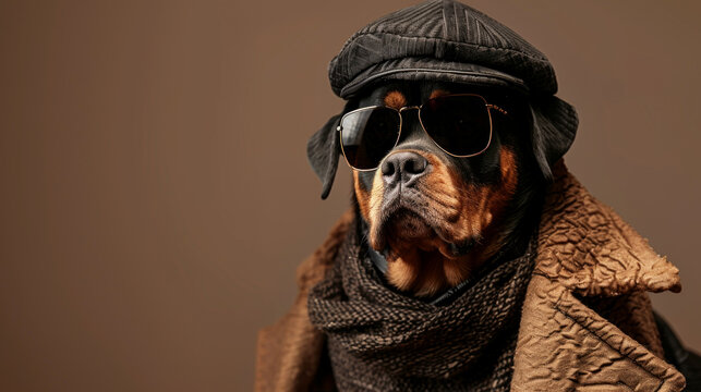Portrait of cool looking rottweiler in mafia gangster costume. Wearing hat, overcoat and sunglasses. Isolated on clean background. Copyspace on the side.