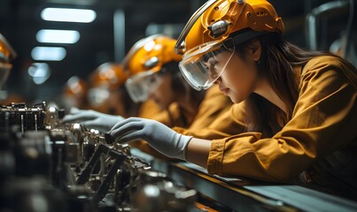 Workers working in a steel assembly plant, wearing yellow hardhats, clear goggles, masks and yellow...