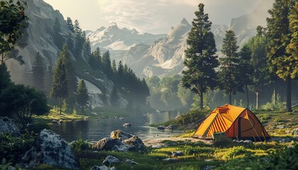 Produce a stunning CG 3D rendering of a side view animation style scene portraying a serene wilderness camping site integrating blockchain technology