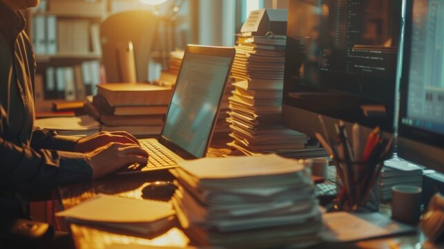 A busy paralegal sits at their desk surrounded by stacks of documents diligently typing away on a computer as they prepare for a trial. .