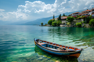 Fototapeta na wymiar Calm and Serene Boat Ride on the Vibrant Lake Ohrid under Macedonia's Picturesque Mountain Range. 