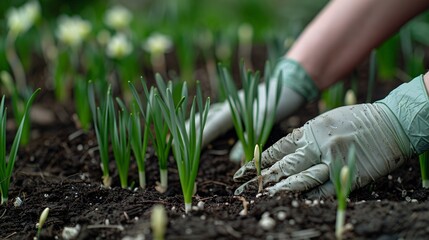 Close-up of a person in a medical glove tenderly fertilizing young narcissus sprouts in a garden, enhancing the soil with vital nutrients during spring - obrazy, fototapety, plakaty