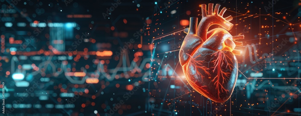 Sticker futuristic human heart with data visualization lines, representation, 3d created with ai