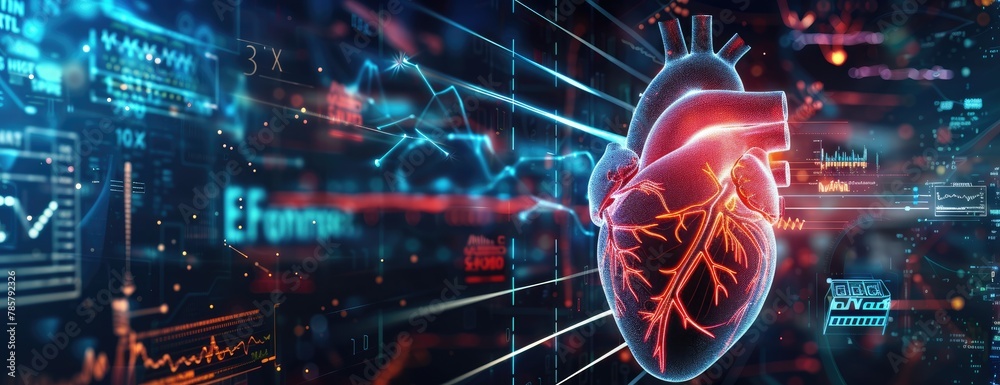 Poster futuristic human heart with data visualization lines, representation, 3d created with ai
