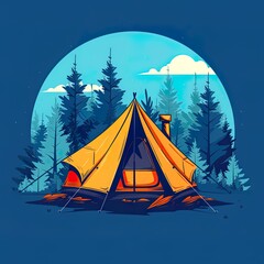 A tranquil camping scene with a yellow tent against a backdrop of majestic mountains and a peaceful forest under a large setting sun..
