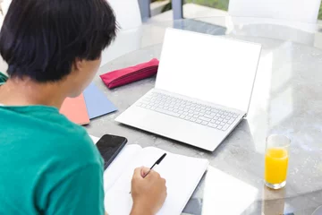 Foto op Plexiglas Aziatische plekken At home, outside, teenage Asian boy writing in notebook, laptop open, copy space
