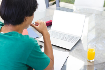 Teenage Asian boy sitting outside at home, focusing on laptop screen, copy space