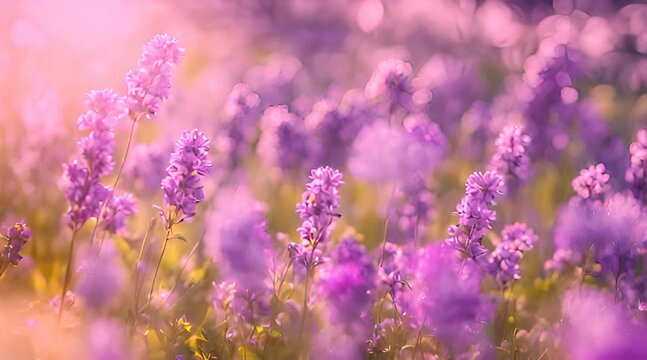 Wild Flowers in a Meadow with Lilac and Purple Tones in Spring Sunlight