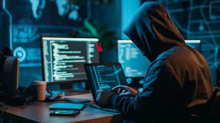 Amidst a backdrop of glowing computer screens, a cyber-attacker studies data, highlighting the shadowy world of cyber crime