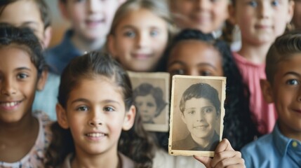 Fototapeta premium A group of students eagerly gather around their teacher who is holding up two class photos side by side one from their early teaching years and the other a more recent one. The students .