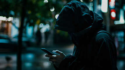 A cyber crime agent blends into the night's shadows, using his phone under the neon glows of the city