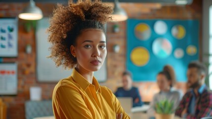 A modern conference room is filled with eager professionals all eyes on the presenter at the front of the room. With a colorful visual aid and confident tone the presenter a young .