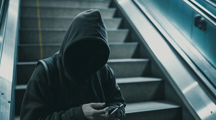 Disguised and on the move, this cyber crime operative stealthily uses a smartphone on a public stairway