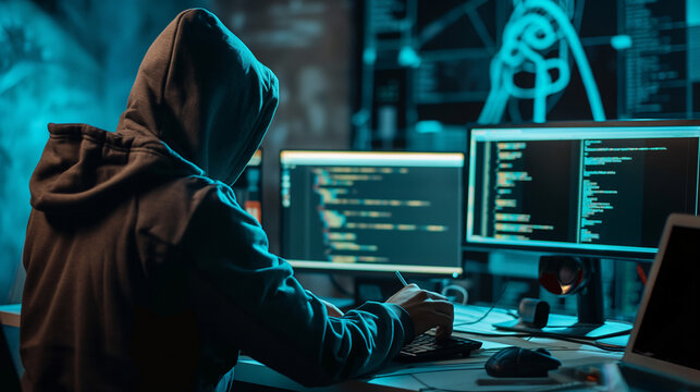 An intensely focused cyber crime mastermind at work with glowing screens depicting complex coding sequences