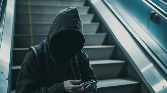 Disguised and on the move, this cyber crime operative stealthily uses a smartphone on a public stairway - Powered by Adobe