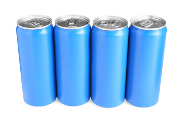 Energy drinks in blue cans isolated on white