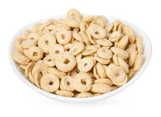 Tasty cereal rings in bowl isolated on white