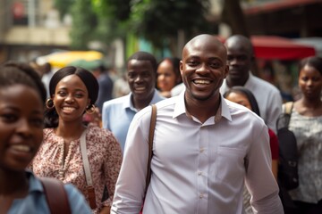 Crowd of African business people smiling walking on a city street