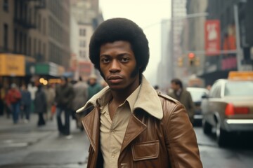 Young black man serious face on street in 1970s