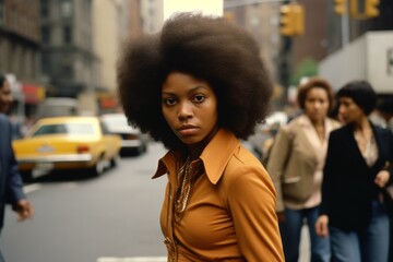 Young black woman serious face on street in 1970s