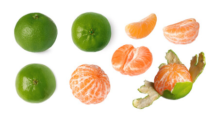 Fresh ripe tangerines with green peel isolated on white, set