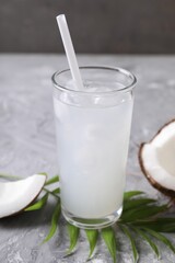 Glass of coconut water with ice cubes, palm leaf and nut on grey table