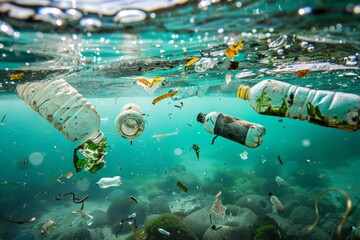 Plastic bottles floating in ocean
