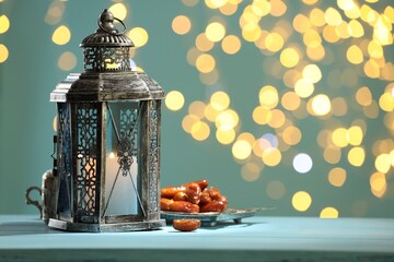 Traditional Arabic lantern and dates on table against blurred lights. Space for text