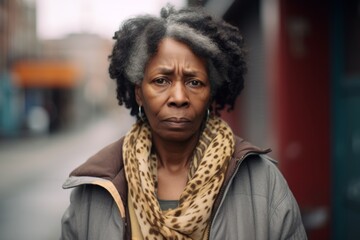 Mature elderly woman serious face sad angry on city street