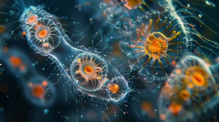 A highly magnified image of microscopic plankton revealing the complex composition of their translucent bodies and intricate internal