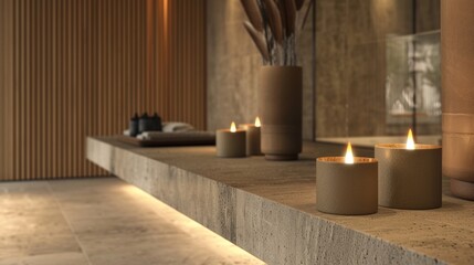 A warm organic scent fills the air originating from leatherwrapped candles that are strategically p throughout the space. The calming scent paired with the touchable leather surfaces . - obrazy, fototapety, plakaty