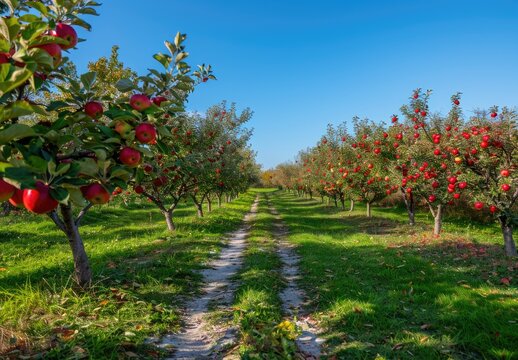 Apple orchard in autumn green grass, beautiful scenery, green nature
