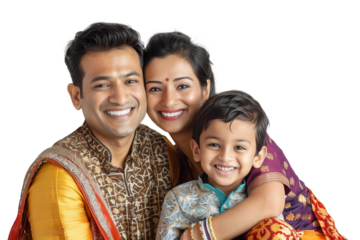 Traditional Indian family of three wearing colorful clothes and smiling at camera over isolated transparent background